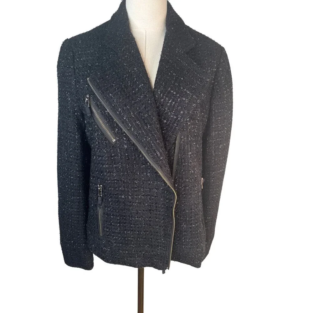 I Love Ronson Large Black Tweed Asymmetrical Zipper Jacket